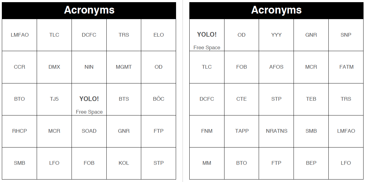 Sample "Acronyms" themed bingo card made with Bingo Card Generator Pro