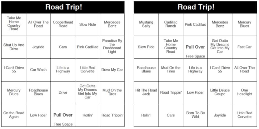 Sample "Road Trip!" themed bingo card made with Bingo Card Generator Pro
