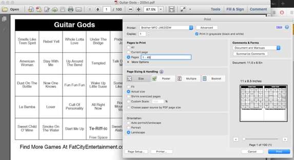 Screenshot of a music bingo card PDF download