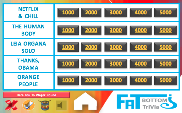 Fat Bottom Trivia Season 4 Episode 2 interactive game show board with trivia categories