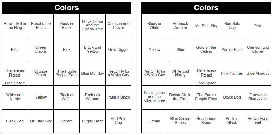 Colors - 250 Music Bingo Cards