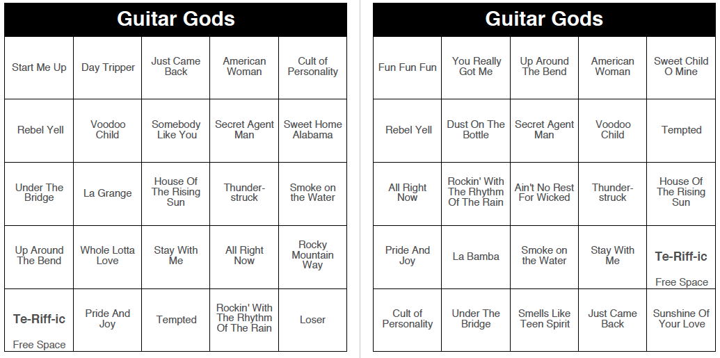 Guitar Gods - 250 Music Bingo Cards