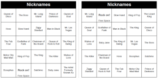 Nicknames - 250 Music Bingo Cards