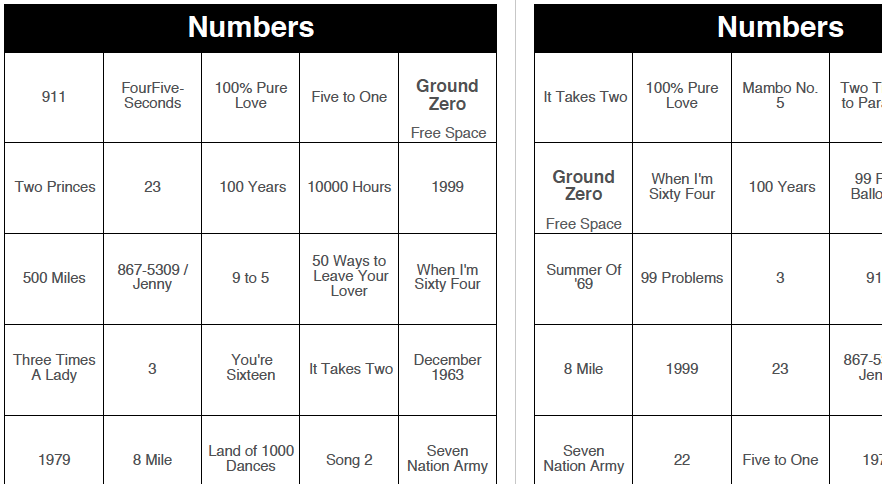Numbers - 250 Music Bingo Cards