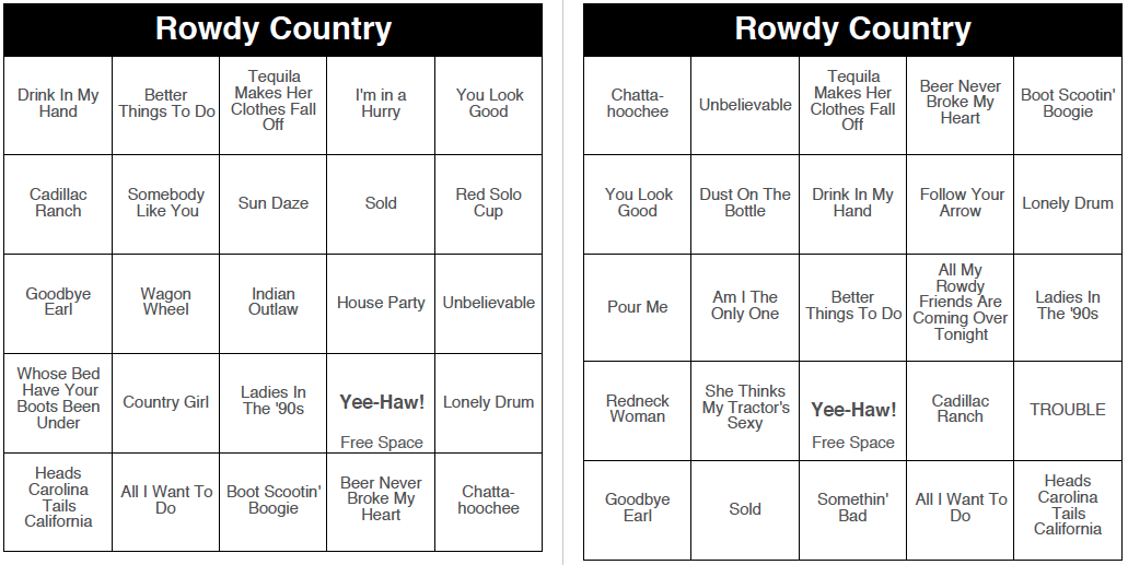 Rowdy Country - 250 Music Bingo Cards