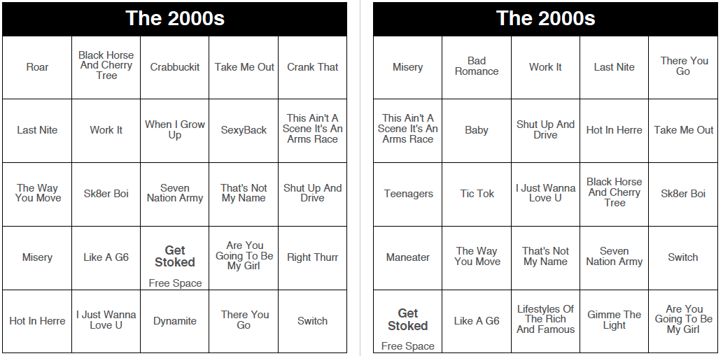 The 2000s - 250 Music Bingo Cards