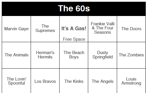 The 60s - 250 Music Bingo Cards