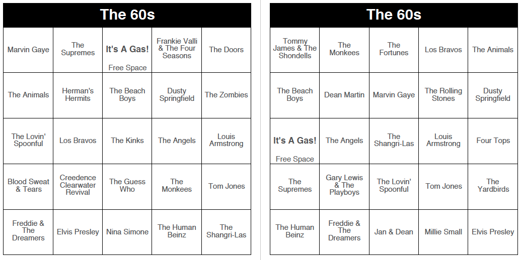 The 60s - 250 Music Bingo Cards