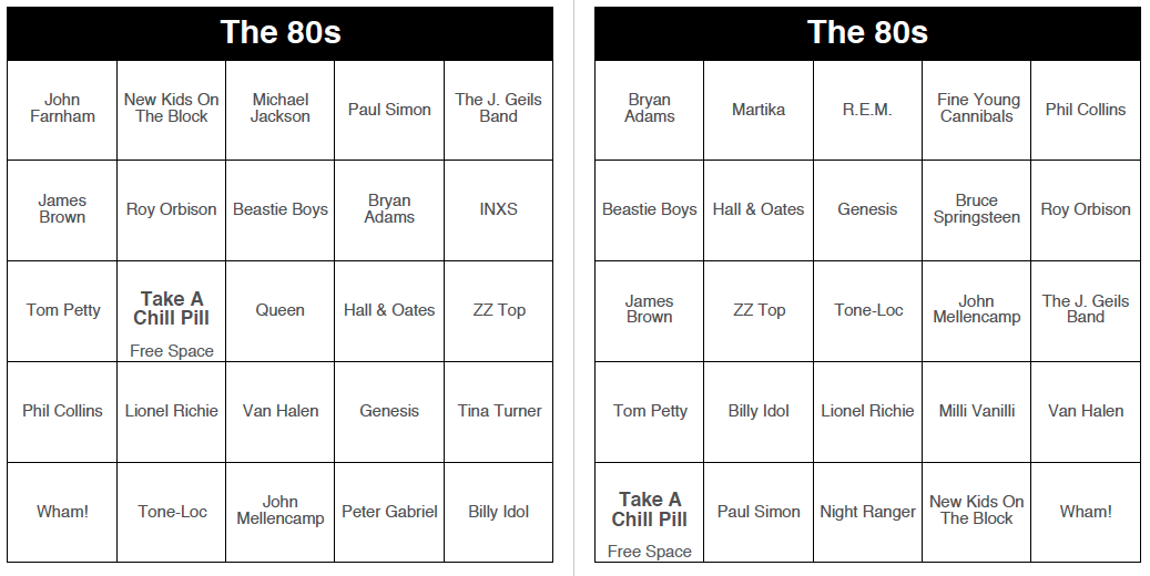 The 80s - 250 Music Bingo Cards