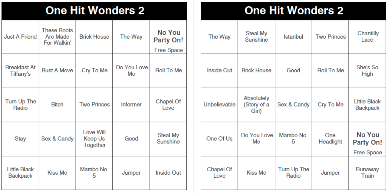 One Hit Wonders 2 music bingo