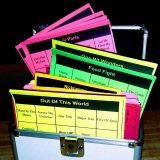 Assorted printed trivia category cards fanned out in a carrying case